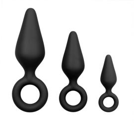 EasyToys Silicone Black Training Buttplug Pull Ring Set (Small/Medium/Large)