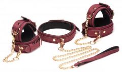 Master Series Dom Grade 6-Piece BDSM Suede Cuff Set With Collar And Strap - Burgandy